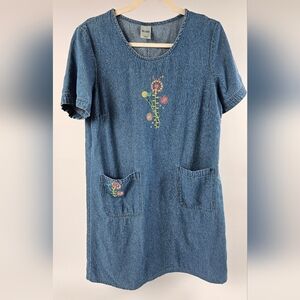 Blair Blue Denim Shift Dress with Floral Embroidery